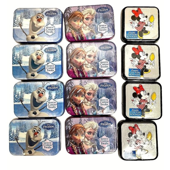Disney Minnie Mouse Olaf Elsa & Ana Cotton Swabs Travel Tin Lot of 12 new - Picture 1 of 14